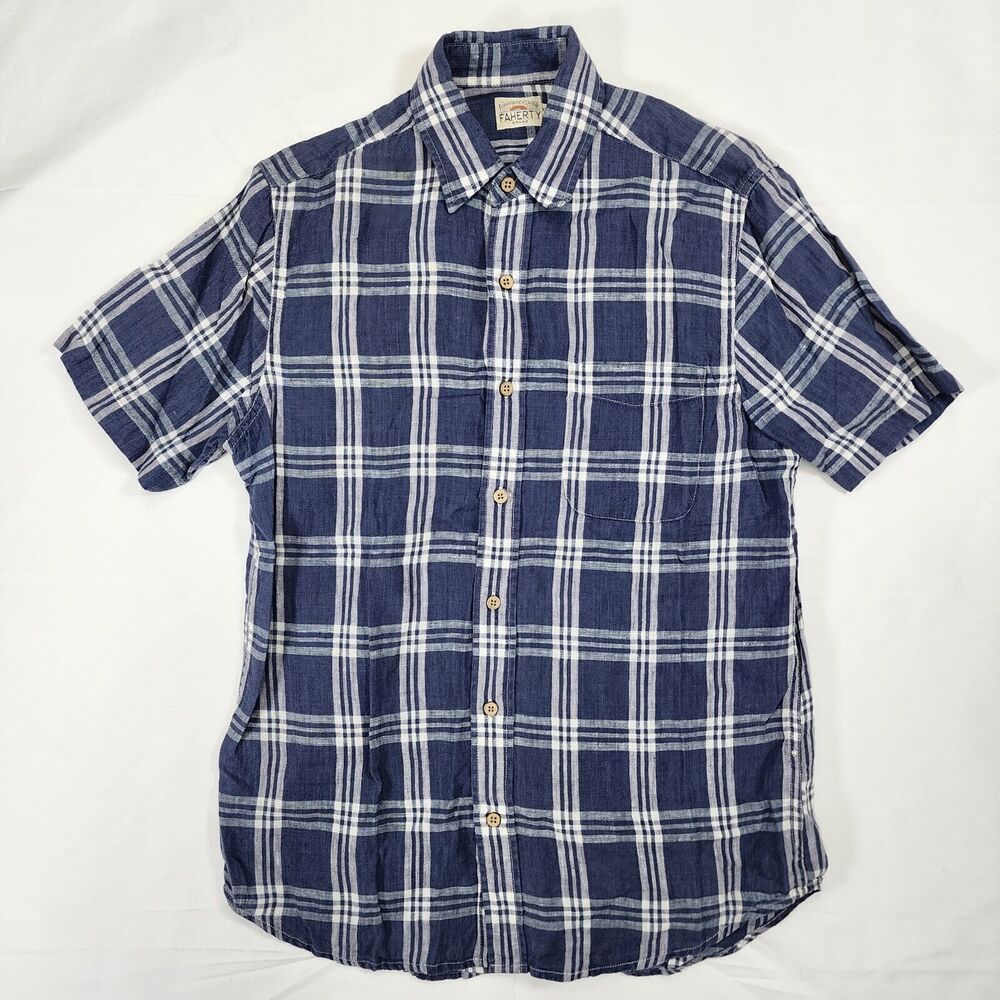 Faherty Men's Button Up Shirt Plaid Blue Short Sleeve 100% Linen Size XS